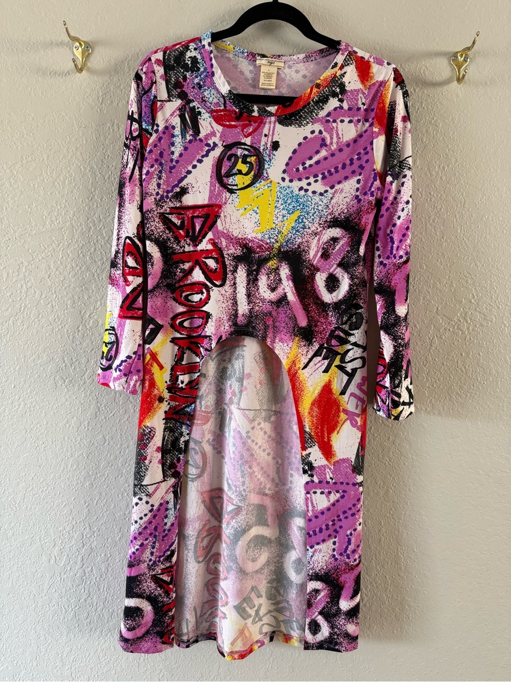 NWOT NYC Long Sleeve Graffiti Asymmetrical Tunic Top Colorful Various Sizes